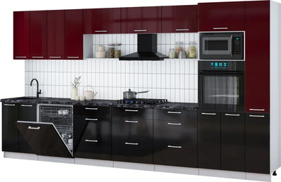 Кухонный гарнитур Интерлиния Мила Gloss 3.9-ПМ1 (черный глянец/бордовый глянец/кастилло темный) -