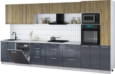 Кухонный гарнитур Интерлиния Мила Gloss 3.9-ПМ1 (асфальт глянец/дуб вотан/серый каспий) -