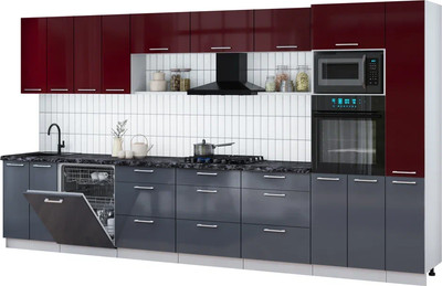 Кухонный гарнитур Интерлиния Мила Gloss 3.9-ПМ1 (асфальт глянец/бордовый глянец/кастилло темный) -