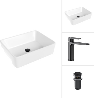 Умывальник со смесителем Lauter 21675 + Reef 21CK678BS с донным клапаном 21190B (черный матовый) -