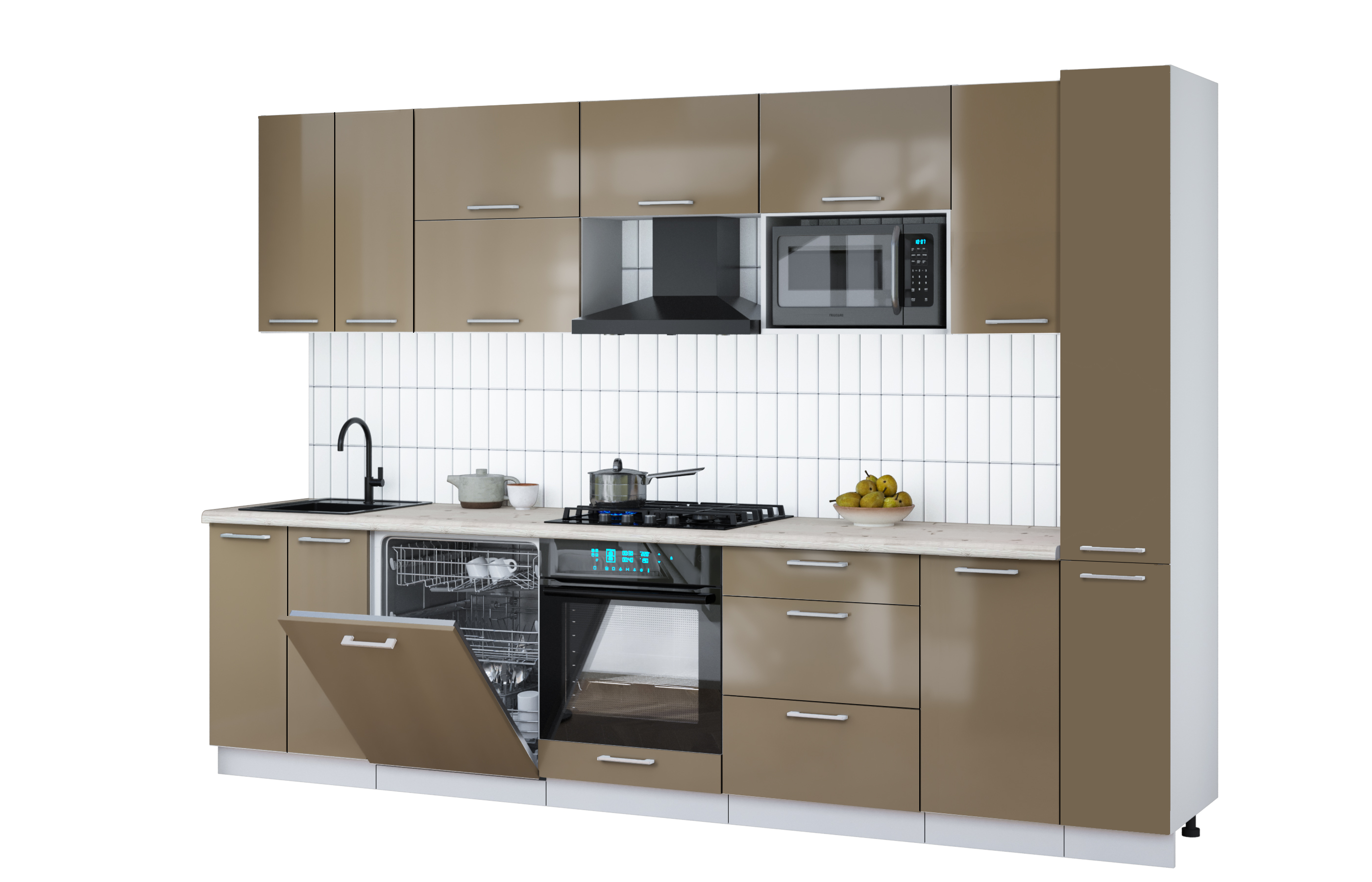 Кухонный гарнитур Interline Мила Gloss 3.1-ПМ2 (капучино глянец/капучино глянец/бискайская сосна)