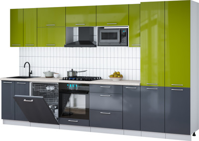 Кухонный гарнитур Интерлиния Мила Gloss 3.5-ПМ2 (асфальт глянец/яблоко глянец/травертин серый) - 