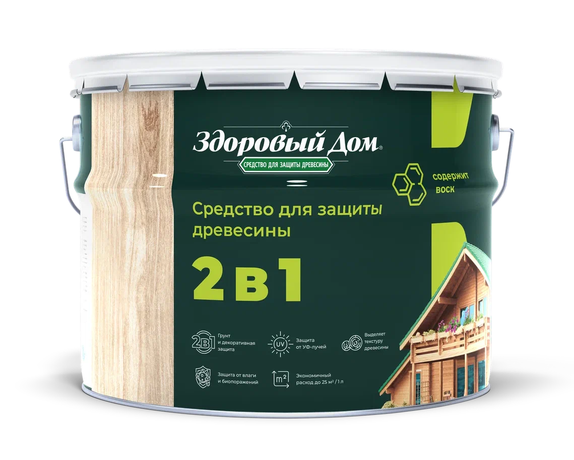Защитно-декоративный состав Здоровый дом 2в1 Еловая зелень (9л) — фото 2