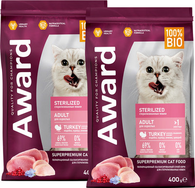 Сухой корм для кошек Award Sterilized с индейкой и курицей с добавлением клюквы и цикория (400+400г) - 