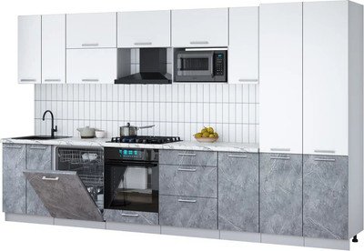 Кухонный гарнитур Интерлиния Мила Gloss 3.6-ПМ2 (керамика/белый/белый гранит) - 