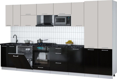 Кухонный гарнитур Интерлиния Мила Gloss 3.7-ПМ2 (черный глянец/кашемир/кастилло темный) - 