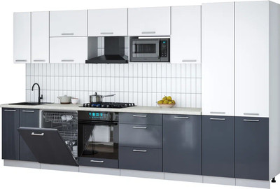Кухонный гарнитур Интерлиния Мила Gloss 3.7-ПМ2 (асфальт глянец/белый/опал светлый) - 