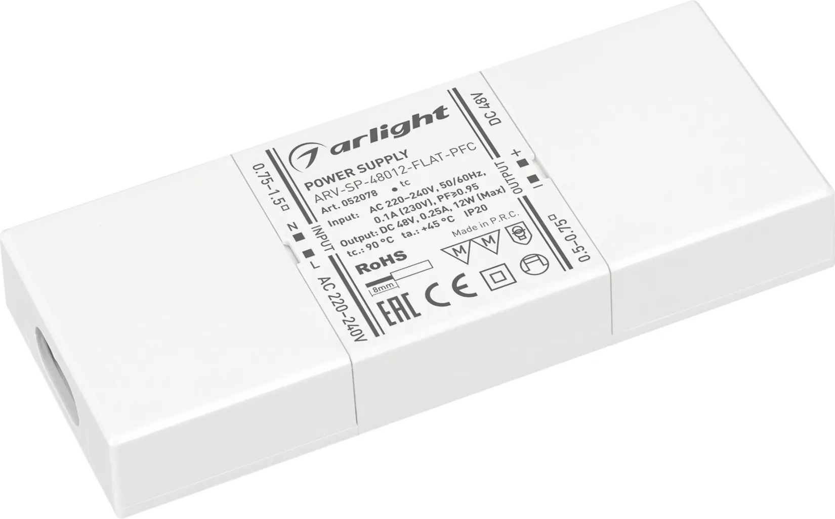 Блок питания для светильника Arlight ARV-SP-48012-FLAT-PFC 48V 0.25A 12W / 052078