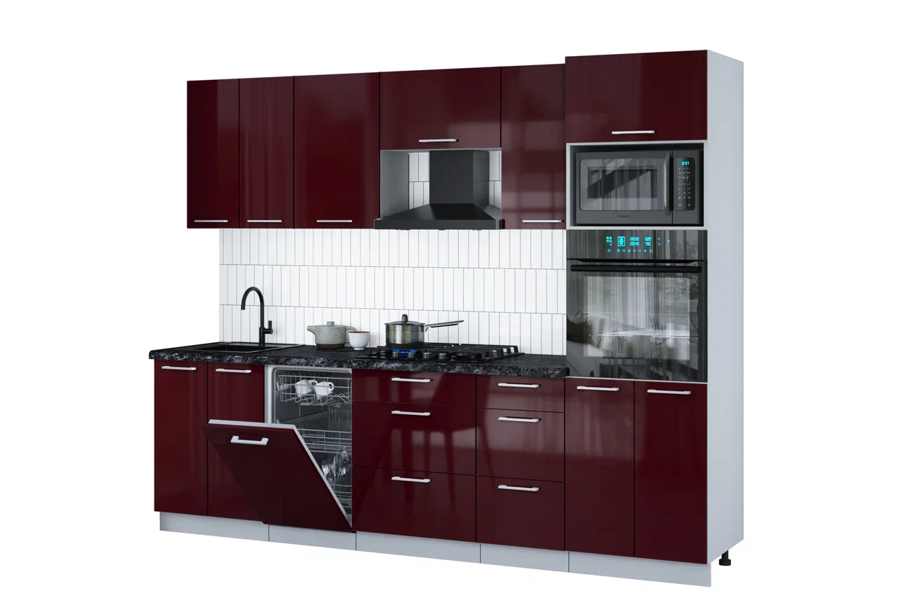 Кухонный гарнитур Interline Мила Gloss 2.65-ПМ3 (бордовый глянец/бордовый глянец/кастилло темный)