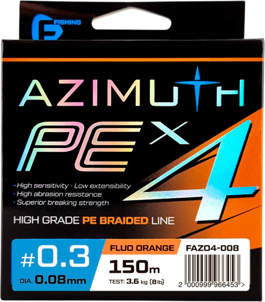 Леска плетеная F-Fishing Azimuth PE X4 150м Orange / FAZO4-008 (0.08мм)