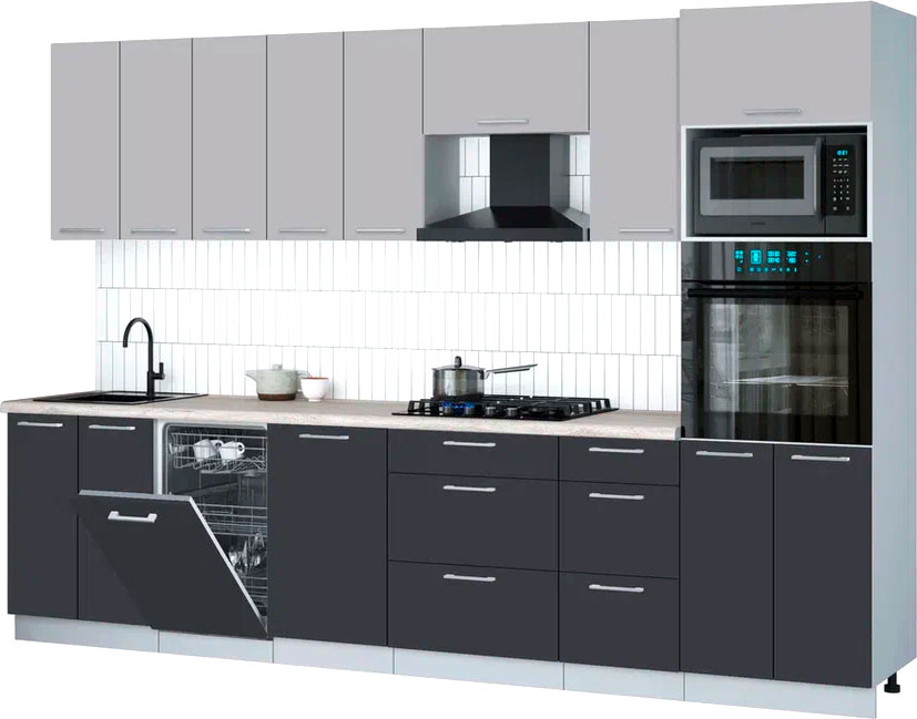 Кухонный гарнитур Interline Мила Gloss 3.1-ПМ3 (пепел/грей/травертин серый)