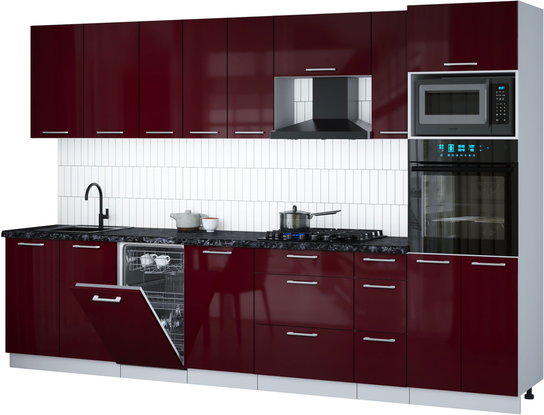Кухонный гарнитур Interline Мила Gloss 3.2-ПМ3 (бордовый глянец/бордовый глянец/кастилло темный)