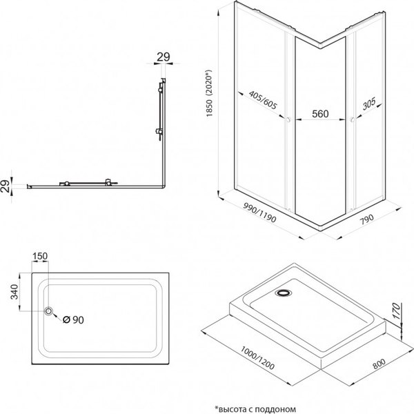 Купить Душевой уголок Maroni Stile Chromo-GLS 100x80 / Щ0000063968 в Минске