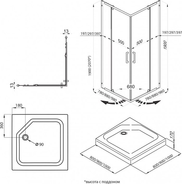 Купить Душевой уголок Maroni Umore Chromo-GLS 90x90 / Щ0000064230 в Минске