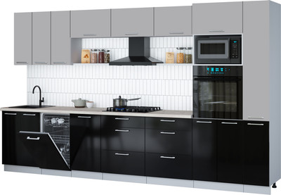 Кухонный гарнитур Интерлиния Мила Gloss 3.6-ПМ3 (черный глянец/грей/бискайская сосна) - 
