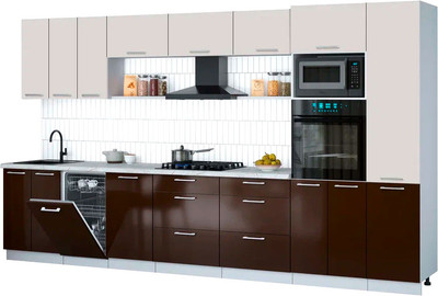 Кухонный гарнитур Интерлиния Мила Gloss 3.7-ПМ3 (шоколад глянец/кашемир/серый каспий) - 