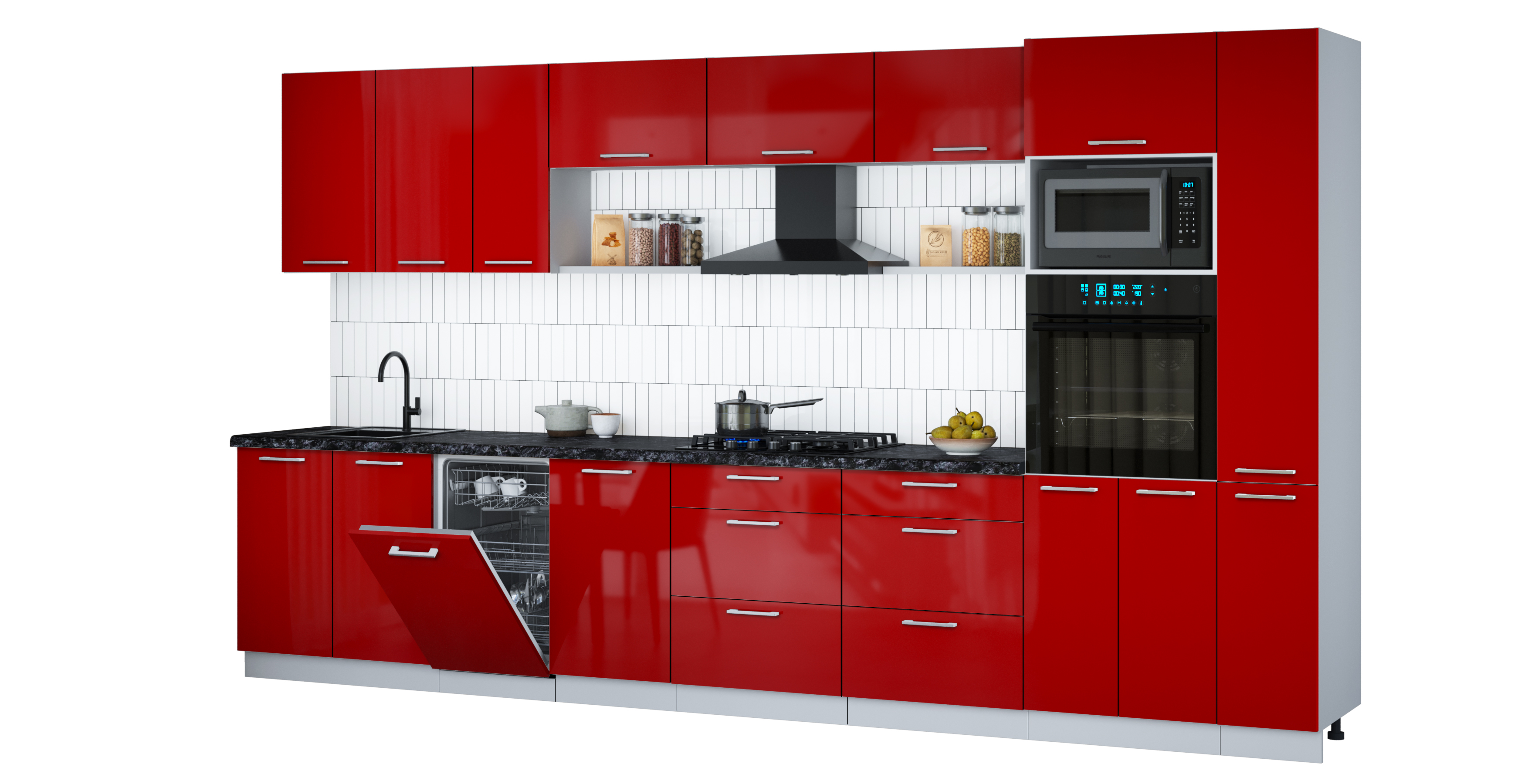 Кухонный гарнитур Interline Мила Gloss 3.8-ПМ3 (красный глянец/красный глянец/кастилло темный)