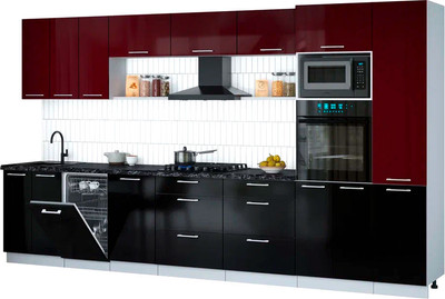 Кухонный гарнитур Интерлиния Мила Gloss 3.7-ПМ3 (черный глянец/бордовый глянец/кастилло темный) - 