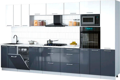 Кухонный гарнитур Интерлиния Мила Gloss 3.7-ПМ3 (асфальт глянец/белый глянец/белый гранит) - 