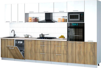 Кухонный гарнитур Интерлиния Мила Gloss 3.7-ПМ3 (дуб вотан/белый глянец/травертин серый) - 