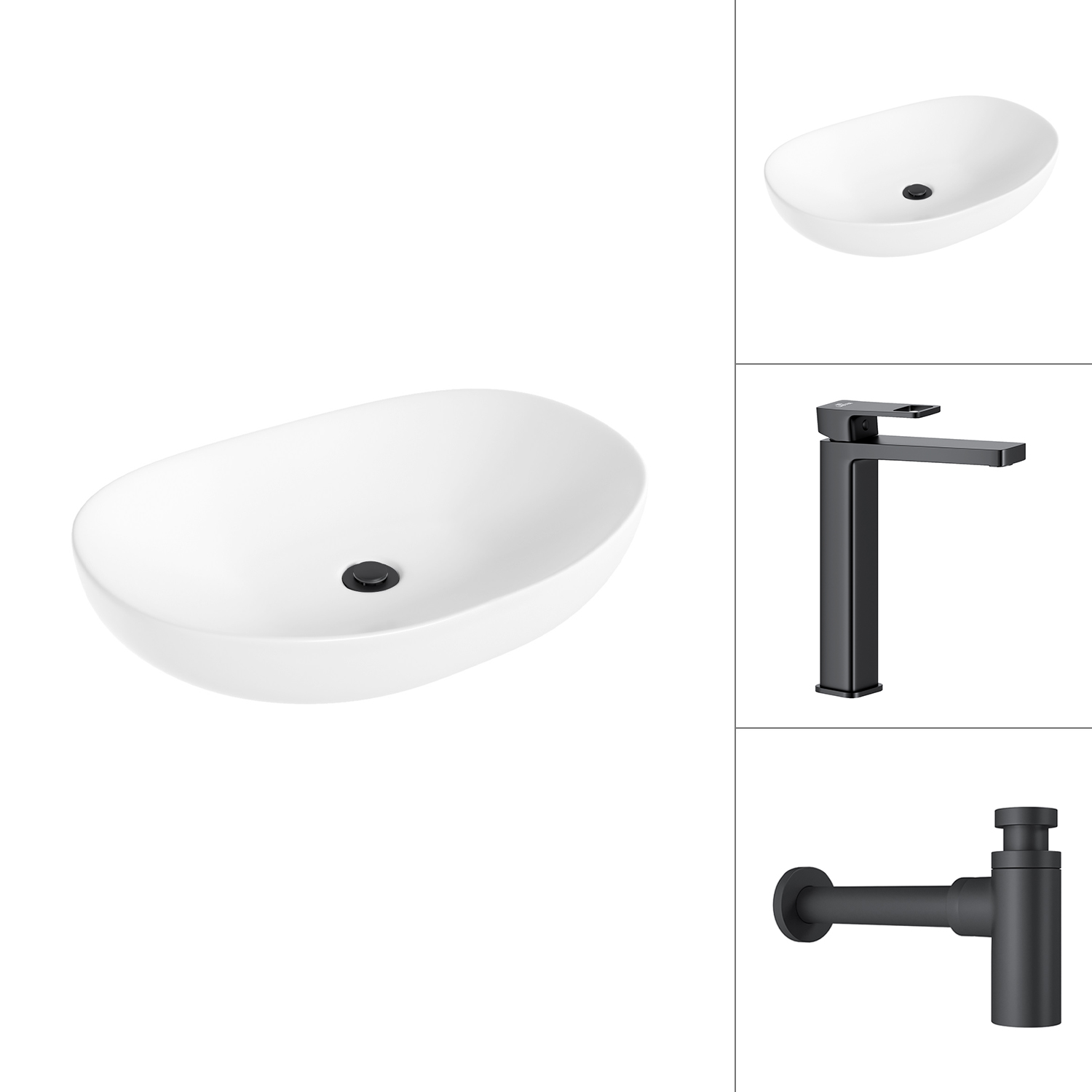 Умывальник со смесителем Lauter 21502 + Cascade 21СК0655BS с сифоном 21635B (черный матовый)