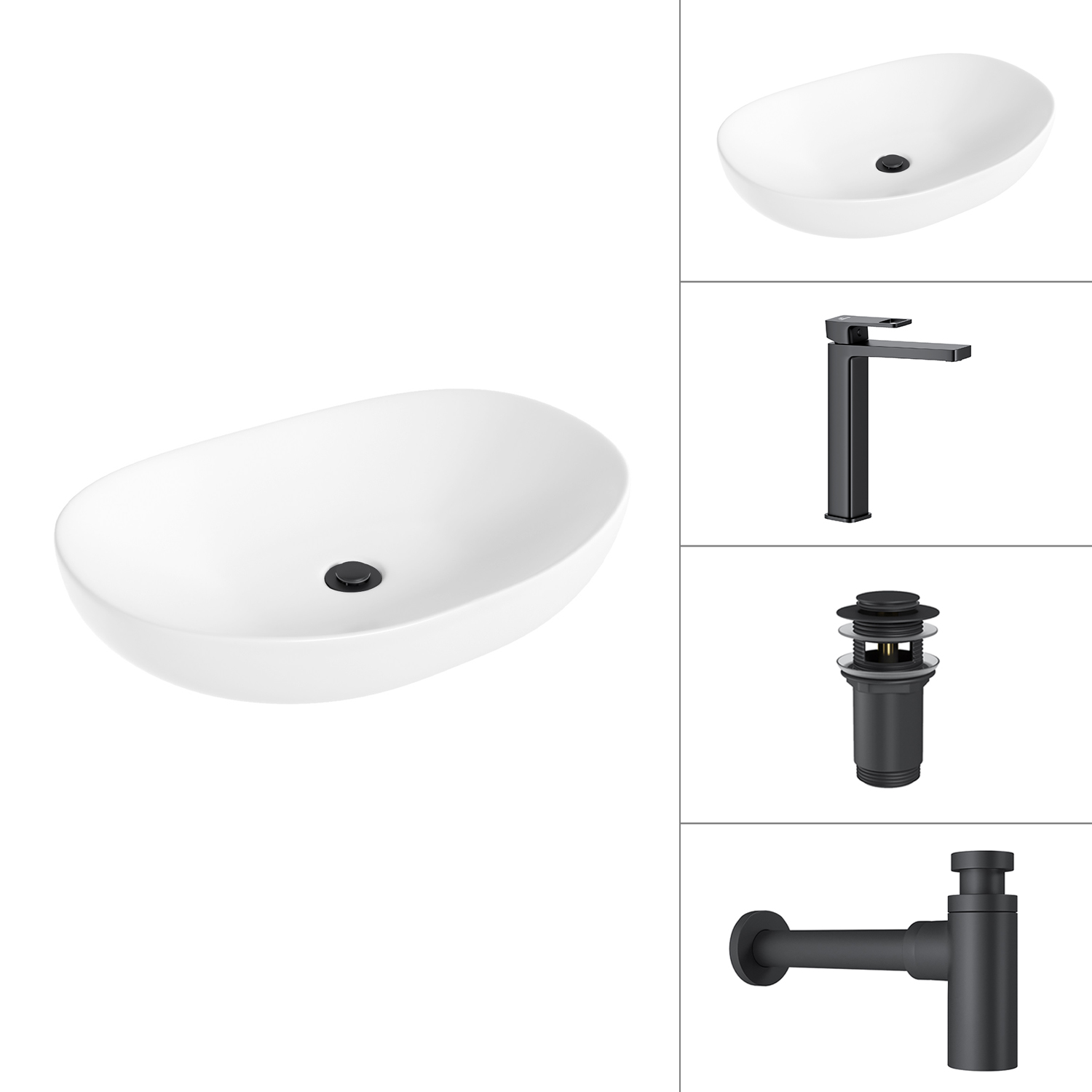 Умывальник со смесителем Lauter 21502+Cascade 21СК0655BS+сифон 21635B+с дон.клапаном 21190B (черный матовый)