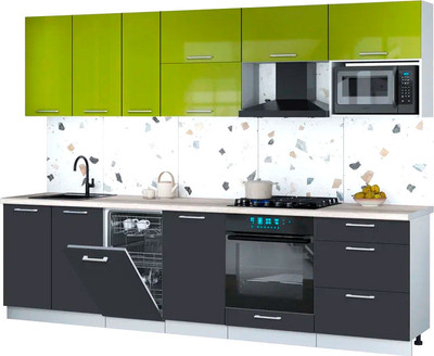 Кухонный гарнитур Интерлиния Мила Gloss 2.9-ПМ4 (пепел/яблоко глянец/травертин серый) - 