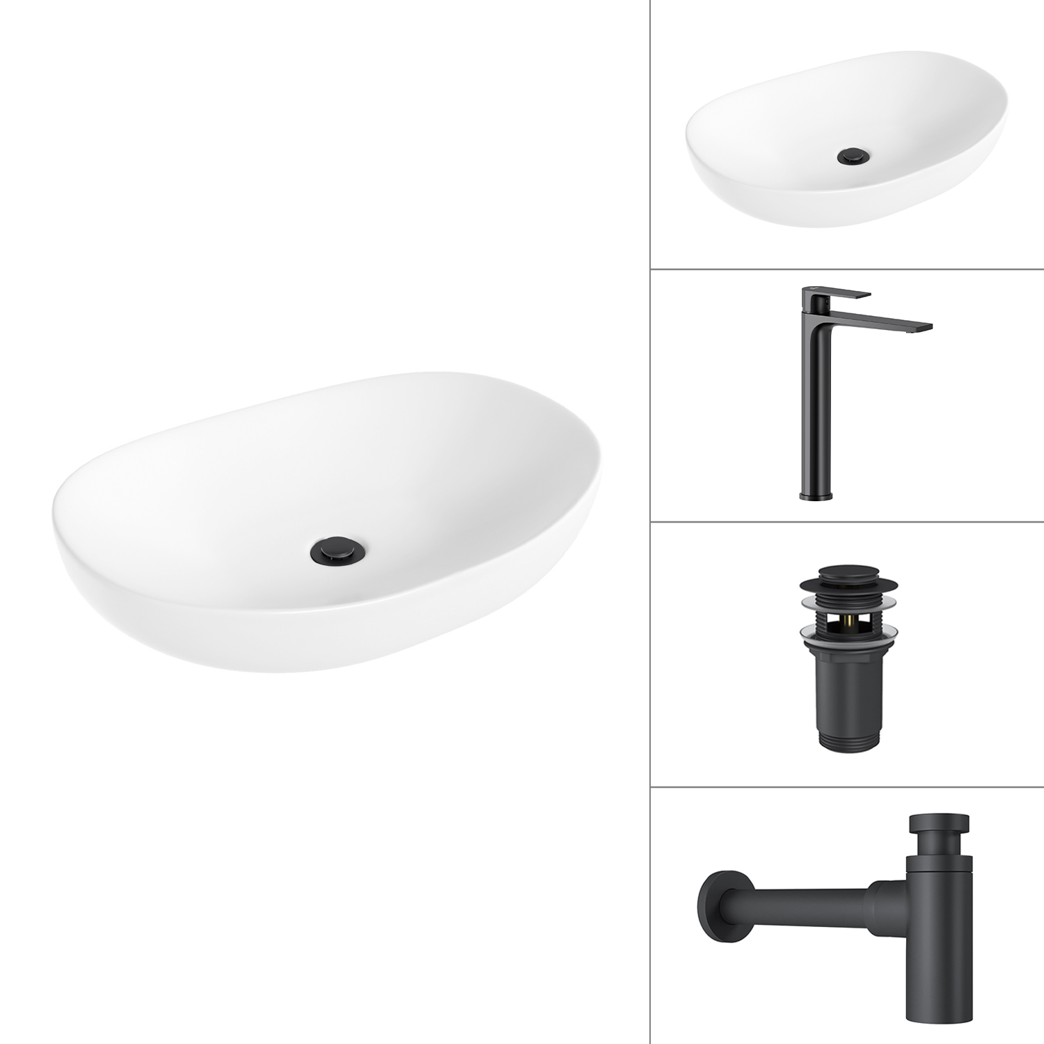 Умывальник со смесителем Lauter 21502 + Reef 21CK8678BS + сифон 21635B + дон.клапан 21190B (черный матовый)