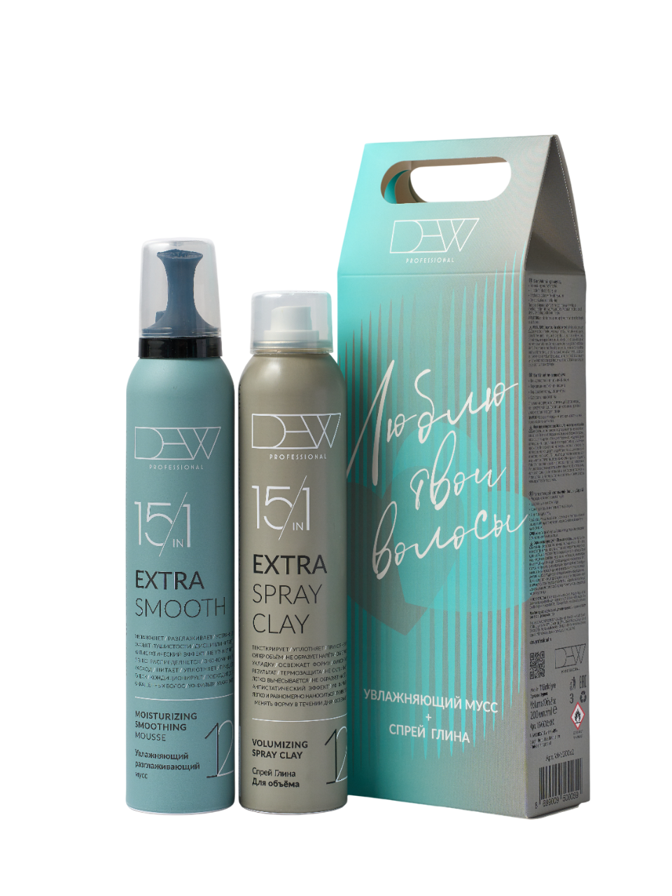 Набор косметики для волос Dew Professional Cпрей-глина для объема 15 в 1 + Мусс Увлажняющий разглаживающий (200мл+200мл)