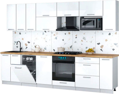 Кухонный гарнитур Интерлиния Мила Gloss 3.0-ПМ4 (белый глянец/белый глянец/дуб бунратти) - 