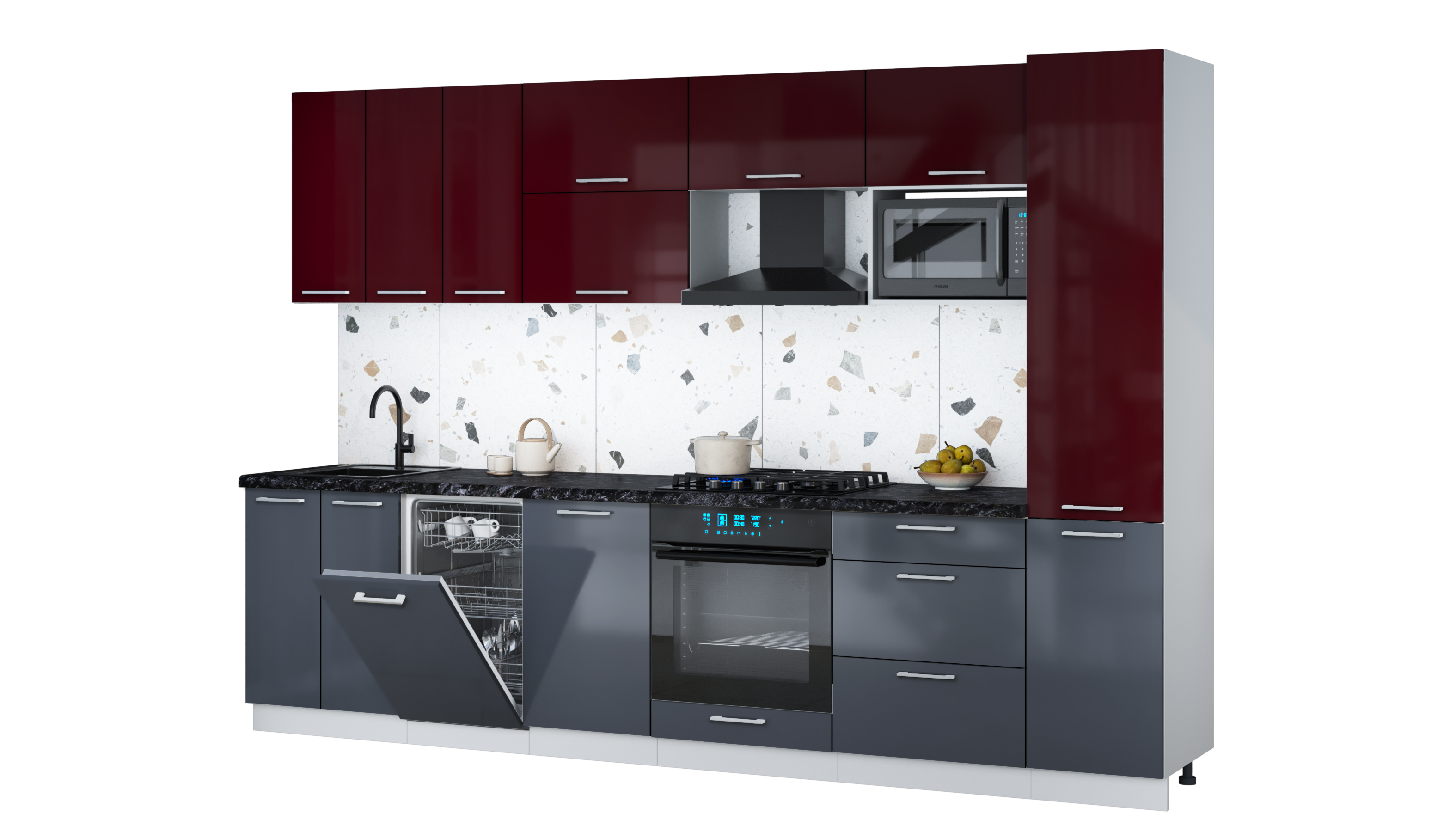Кухонный гарнитур Interline Мила Gloss 3.1-ПМ4 (асфальт глянец/бордовый глянец/кастилло темный)