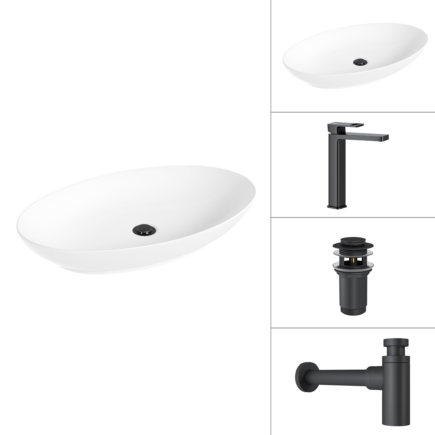 Умывальник со смесителем Lauter 21571 + Cascade 21СК0655BS + сифон 21635B + дон.клапан 21190B (черный матовый)