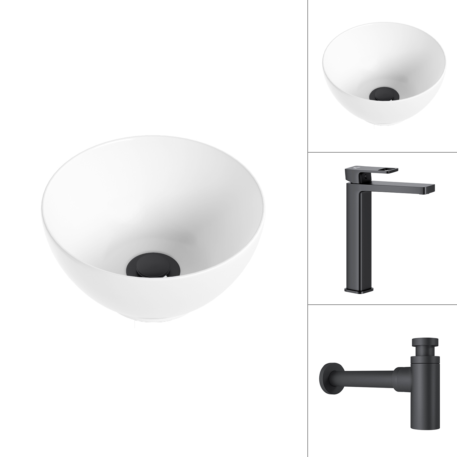 Умывальник со смесителем Lauter 21601E + Cascade 21СК0655BS с сифоном 21635B (черный матовый)