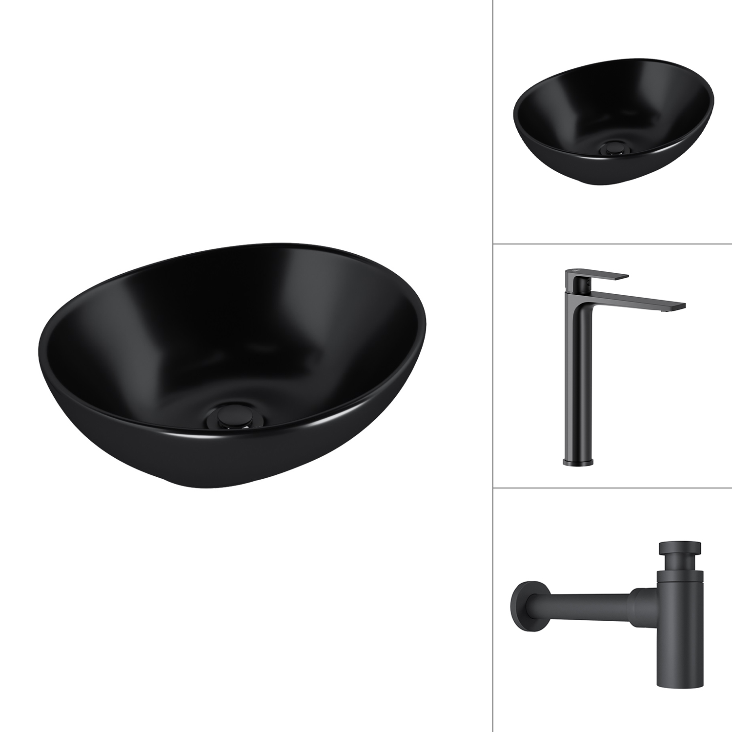 Умывальник со смесителем Lauter 21652-A + Reef 21CK8678BS с сифоном 21635B (черный матовый)