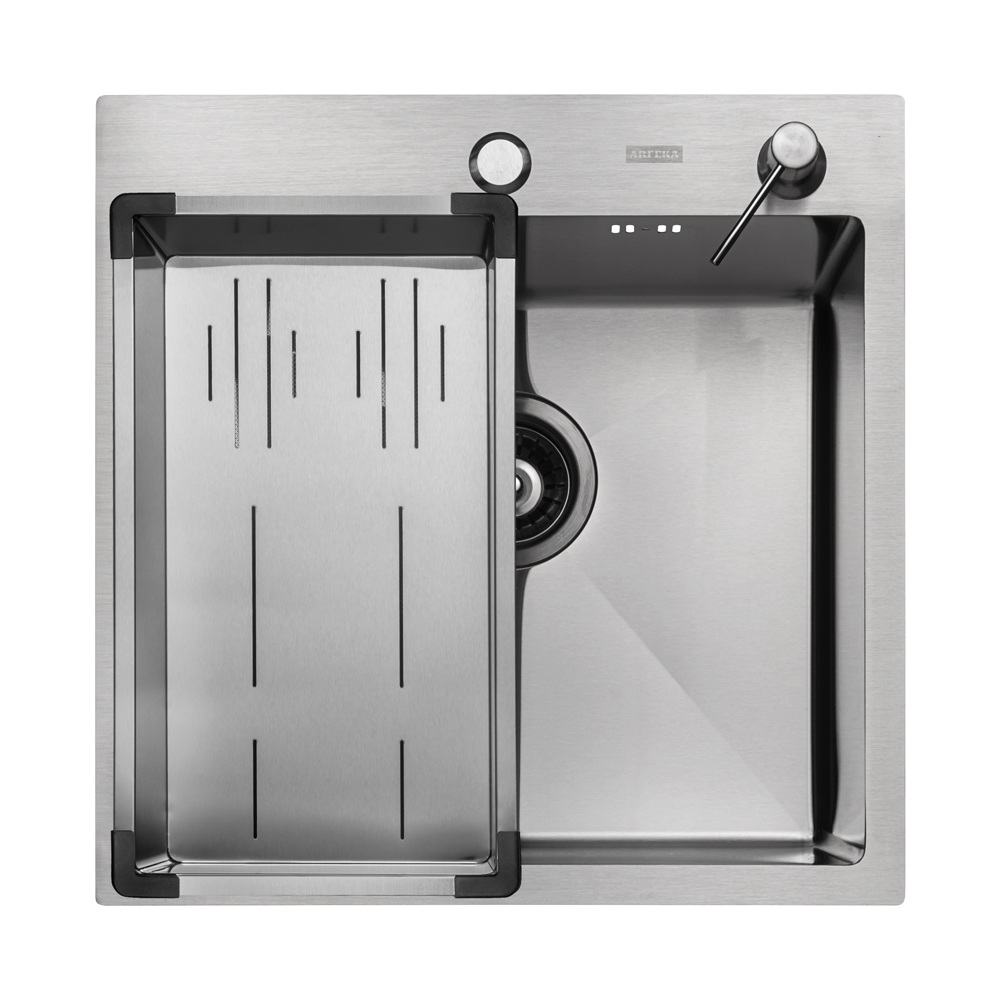 Мойка кухонная Arfeka ECO AR 50x50+CL AR G+DS AR (сатин, с дозатором и коландером) — фото 2