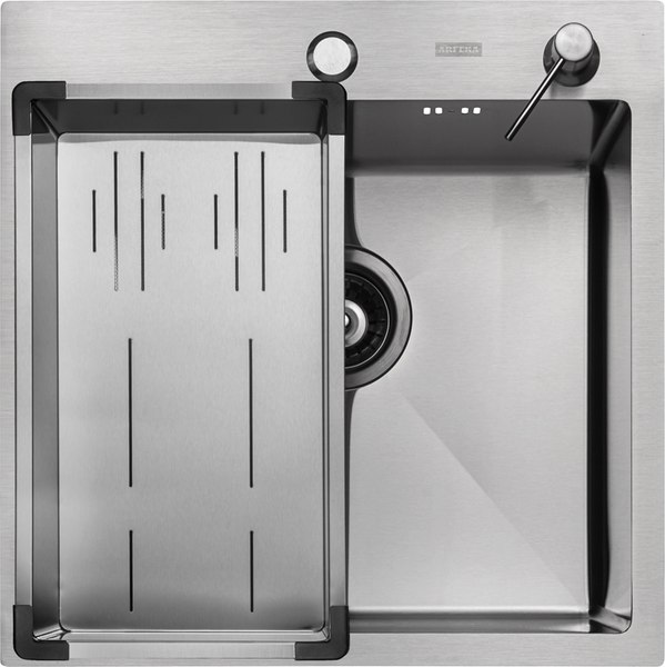 Мойка кухонная Arfeka ECO AR 50x50+CL AR G+DS AR (сатин, с дозатором и коландером)
