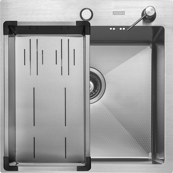 Мойка кухонная Arfeka ECO AR 50x50+CL AR G+DS AR Decor (сатин, с дозатором и коландером)