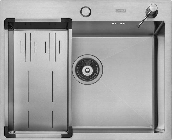 Мойка кухонная Arfeka ECO AR 60x50+CL AR G+DS AR (сатин, с дозатором и коландером)