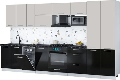 Кухонный гарнитур Интерлиния Мила Gloss 3.7-ПМ4 (черный глянец/кашемир/кастилло темный) - 
