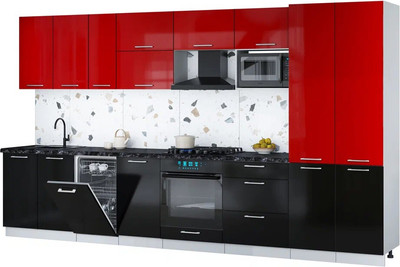 Кухонный гарнитур Интерлиния Мила Gloss 3.7-ПМ4 (черный глянец/красный глянец/кастилло темный) - 