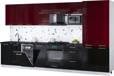 Кухонный гарнитур Интерлиния Мила Gloss 3.7-ПМ4 (черный глянец/бордовый глянец/кастилло темный) - 