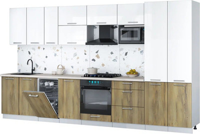 Кухонный гарнитур Интерлиния Мила Gloss 3.7-ПМ4 (дуб вотан/белый глянец/травертин серый) - 