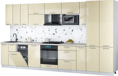 Кухонный гарнитур Интерлиния Мила Gloss 3.8-ПМ4 (ваниль глянец/ваниль глянец/травертин серый) - 