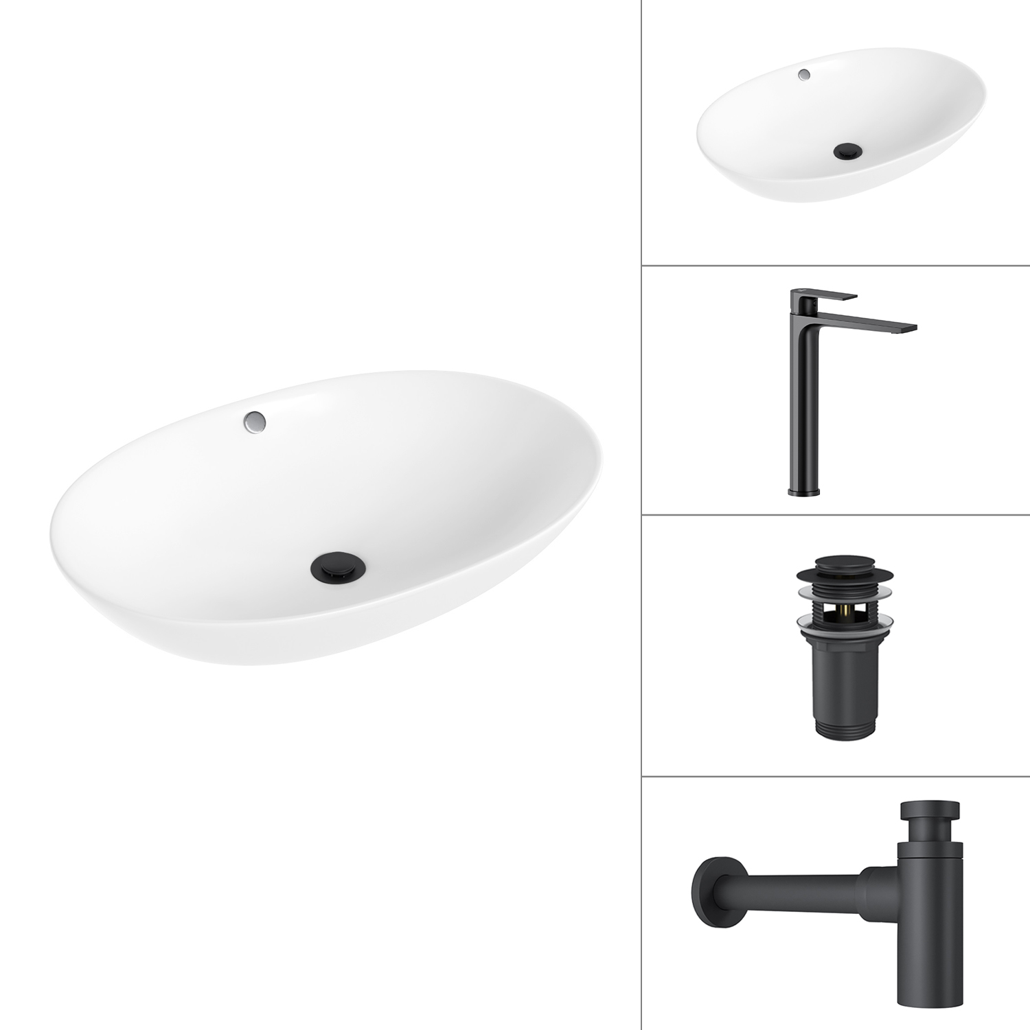 Умывальник со смесителем Lauter 21709 + Reef 21CK8678BS + сифон 21635B + дон.клапан 21190B (черный матовый)