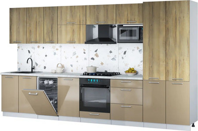 Кухонный гарнитур Интерлиния Мила Gloss 3.7-ПМ4 (капучино глянец/дуб вотан/серый каспий) - 