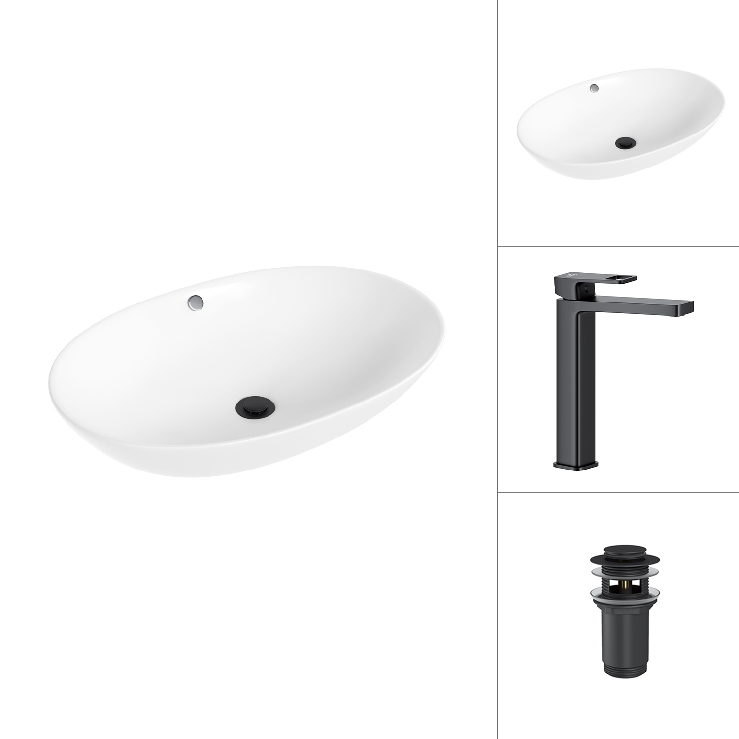 Умывальник со смесителем Lauter 21709 + Cascade 21СК0655BS с донным клапаном 21190B (черный матовый)