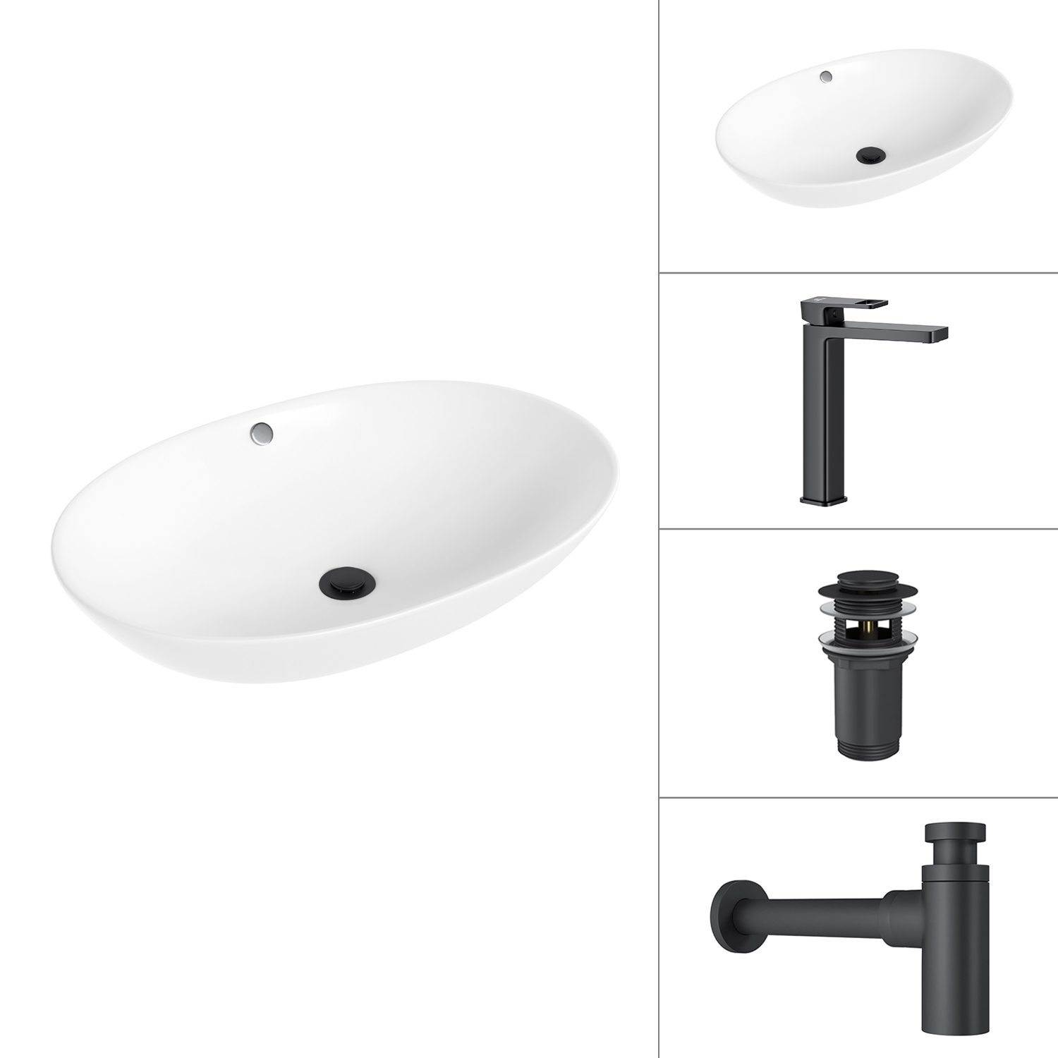 Умывальник со смесителем Lauter 21709 + Cascade 21СК0655BS + сифон 21635B + дон.клапан 21190B (черный матовый)
