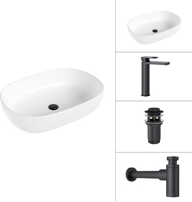 Умывальник со смесителем Lauter 21836 + Cascade 21СК0655BS + сифон 21635B + дон.клапан 21190B (черный матовый) -