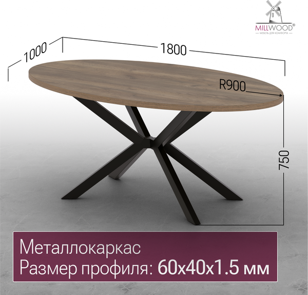 Обеденный стол Millwood Верона овальный 180х100х75 / 51780_t_ch_6 (дуб табачный Craft/черный)