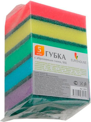 Набор губок для мытья посуды EuroHouse ЕВ 3676 с абразивным слоем (5шт) - 